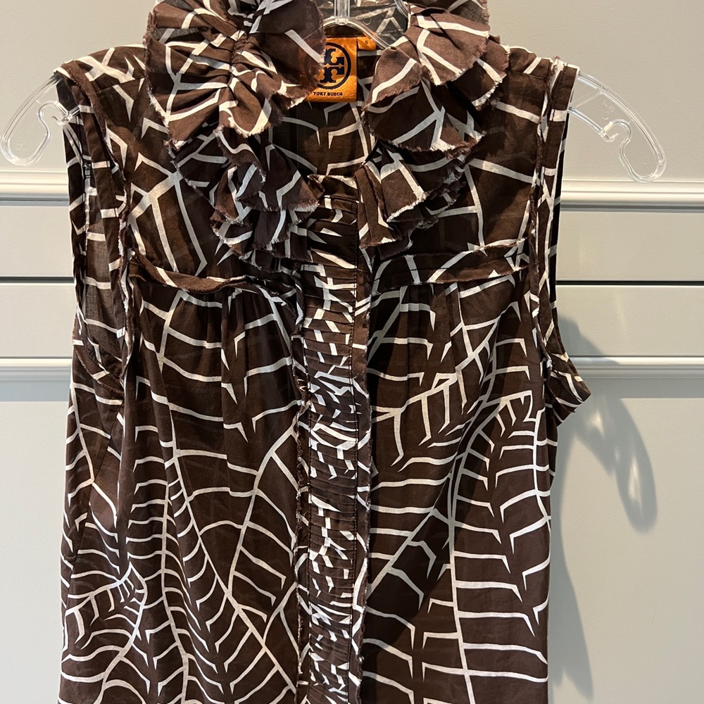 Tory Burch brown and white double ruffle blouse very flattering!